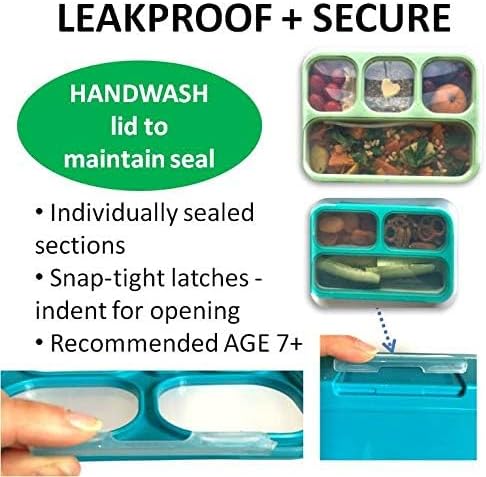 kinsho Leakproof Bento Lunch and Snack Boxes. Family Pack of 4 Meal Planning Portion Containers For Women, Adults. BPA Free. Utensils, Blue & Green (2 large + 2 Mini Lunch box)
