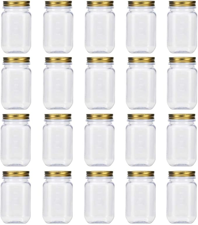 novelinks 16 Ounce Plastic Jars with Gold Lids - Round Clear Containers Storage & Household Solutions - BPA Free (20 Pack)
