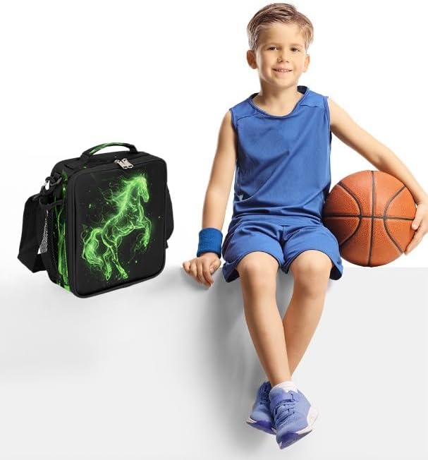 Lunch Box for Kids Boys Girls Green Fire Horse Kids Lunch Bag Insulated Lunch Bag Tote with Adjustable Shoulder Strap Teens Lunchbox Cooler School Picnic