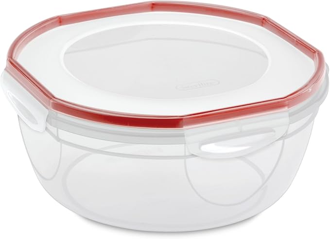 Sterilite Ultra-Seal 4.7 Qt Bowl, Large Airtight Food Storage Container, Latching Lid, Microwave and Dishwasher Safe, Clear With Red Gasket, 4-Pack