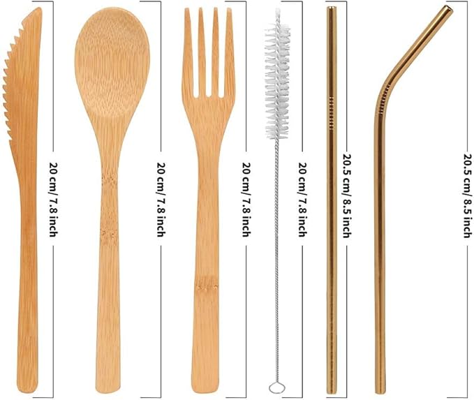 Uptrust Bamboo 2 Set Travel Utensils - Reusable Cutlery with Case, 7.8 Inch Knife, Fork, Spoon, 3 Colors Metal Straw - Golden Straw