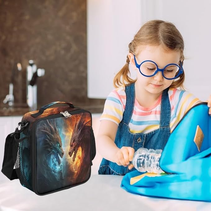 Lunch Box for Kids Boys Girls Water Fire Dragon Kids Lunch Bag Insulated Lunch Bag Tote with Adjustable Shoulder Strap Teens Lunchbox Cooler School Picnic