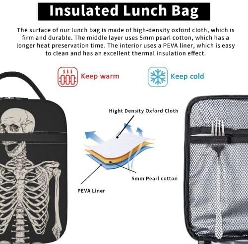 YETTA YANG Halloween Skeleton Funny Skull Portable Lunch Bag Insulated Lunch Box Reusable Totes For Women Men Work Picnic Camping
