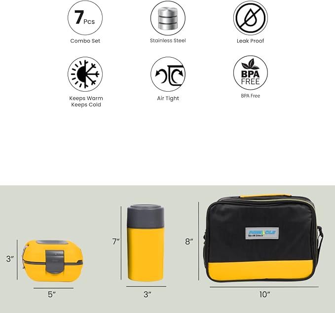 Pinnacle Thermoware Lunch Box Bag Set for Adults and Kids, Yellow, Stainless Steel and Plastic, Matching Cutlery Included