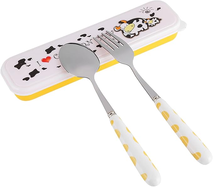 Children Flatware Set, Stainless Steel Fork Spoon with Storage Box Kids Dinner Utensils Spoon Fork Set with Travel Case for Kids Toddlers (Yellow)
