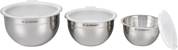 Le Creuset Set of 3 Nested Mixing Bowls w/Nonslip Silicone Base & Plastic Air Tight Lids, Large, Stainless Steel