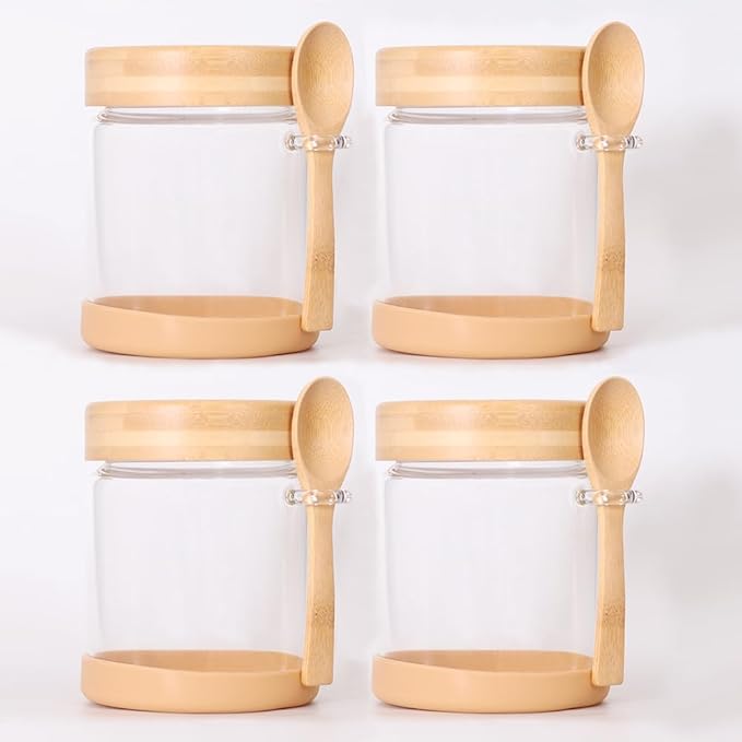 SAIOOL 4 Pack Glass Storage Containers with Bamboo Lids and Spoon,Overnight Oats Containers with Lids,with Anti Slip Silicone Base,Seasoning Organizer,Spice Jars (Bamboo 22OZ*4)