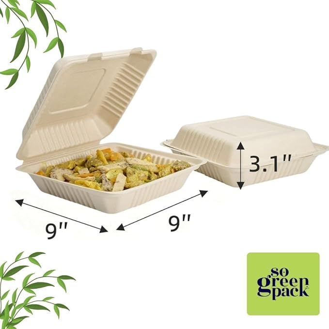100 Packs Disposable 9x9 Clamshell Take-Out Container Compostable Biodegradable Bagasse & Eco-friendly To Go Container for Food