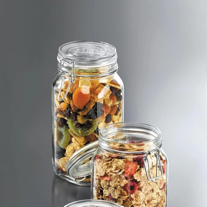 Bormioli Rocco Fido Wide Mouth Squared Glass Jar with Airtight Gasket Clamp Lid for Canning and Food Storage, Clear Top, 50.75 oz.