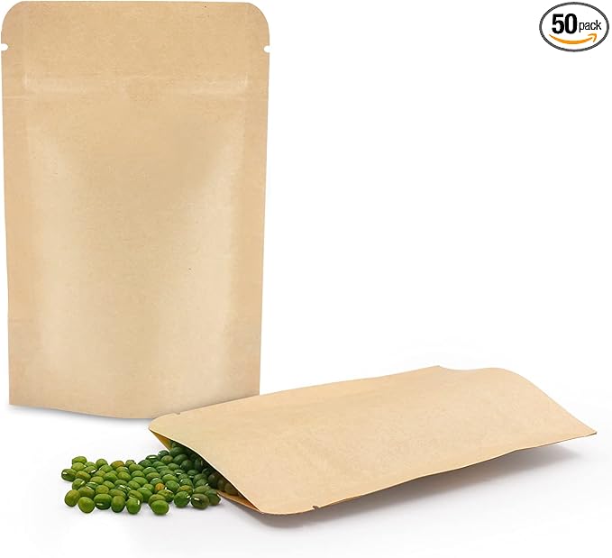 SumDirect Kraft Stand Up Pouches - 50 Pack 3.5x5.5 Inch Zipper Food Storage Reusable Bags with Foil Lined for Home or Business