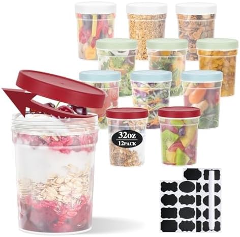 32oz-12Pack Reusable Food Freezer Storage Containers with Lids, BPA Free Twist Top Deli Container, Leak Proof, Stackable, Microwave and Dishwasher Safe-4 Colors