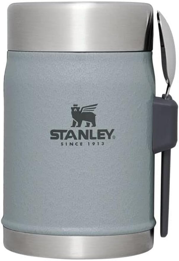 Stanley Classic Food Jar and Spork 14 oz | Vacuum Insulated Thermos Food Container | Wide Mouth Screw On Lid | Packable for Travel | Stainless Steel with Leakproof Lid | BPA-Free | Hammertone Silver
