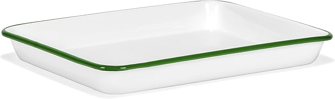 Red Co. 11" x 9" Enamelware Metal Classic 2 Quart Rectangular Serving Tray, Solid White/Dark Green Rim