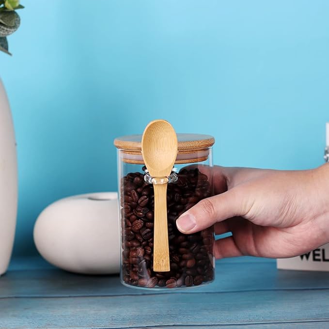 Glass Jars with Bamboo Lids and Spoon, 17 OZ Set of 3 Small Glass Sugar Container with Wooden Lids and Scoop, Coffee Tea Jars for Loose Tea, Coffee Bar Containers