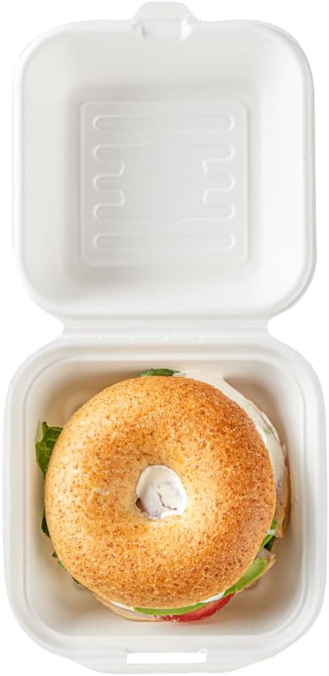 Restaurantware Pulp Safe No PFAS Added 15 Ounce Clamshell Boxes 100 Disposable Containers - Home Compostable Microwavable And Freezable White Bagasse Containers With Built-In Hinged Lid