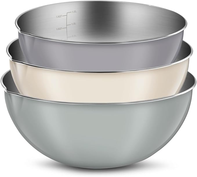 3-Piece Stainless Steel Mixing Bowl Set, Beige/Mint Green/Light Gray, Nesting Design with Pure Spout, Multipurpose Kitchen Basket /1.56Quarts/3.17Quarts/4.23Quarts (Assorted Color)