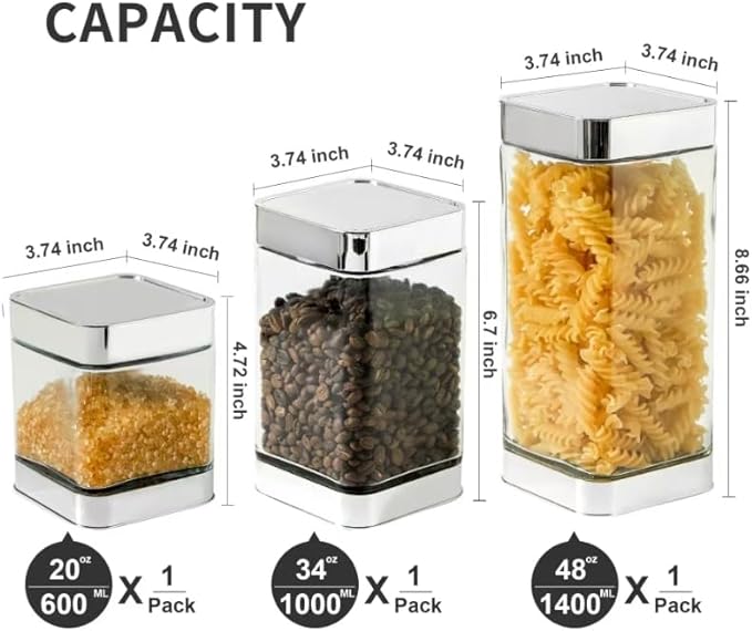 Glass Storage Jars-Large Kitchen Glass Canisters with Airtight Lids -Coffee Pasta Sugar Tea Snack Nuts Cookie Flour Food Container - Set of 3, Silver