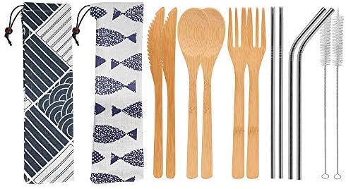 UPTRUST 2 Set Bamboo Cutlery Set with Travel Case, Reusable Bamboo Utensils - 7.8 Inches Knife, Fork, Spoon, 3 Colors Metal Straw - Portable Travel Set (Silver Straw)