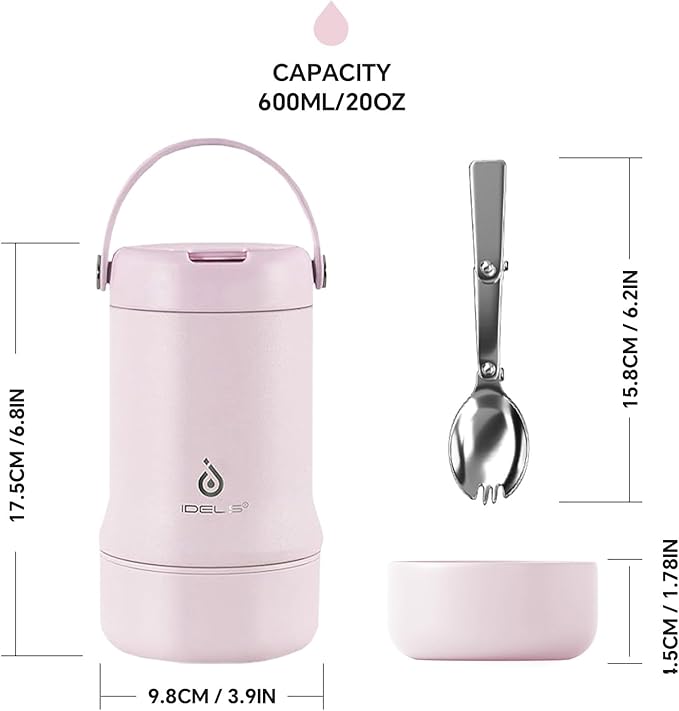 Ideus 20 oz Insulated Soup Thermo with Foldable Spolk and Bowl, All-in-one Stainless Steel Vacuum Thermal Food Jar for Lunch, Leakproof Bento Lunchbox Portable Soup Container (Light Pink)