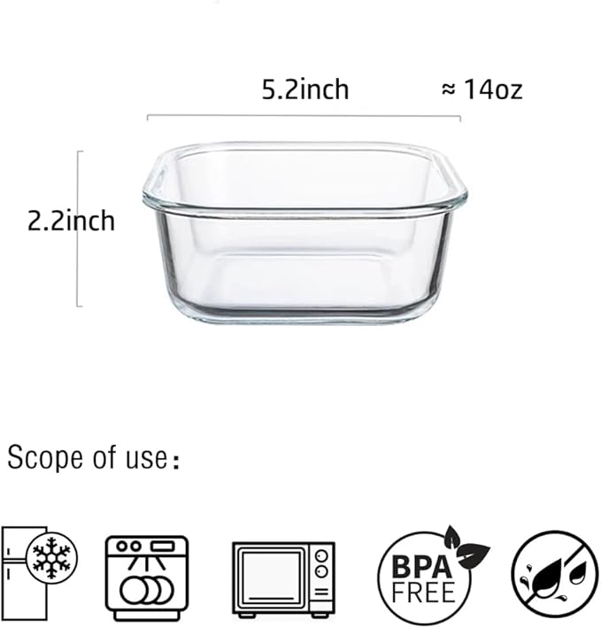 16PC Square Glass Storage Containers With Lids, 2 Cup Glass Food Containers With Lids, Square Meal Prep Bowls, Small Food Bowls For Soup Snack Fruit, Microwave, Dishwasher, Freezer Safe