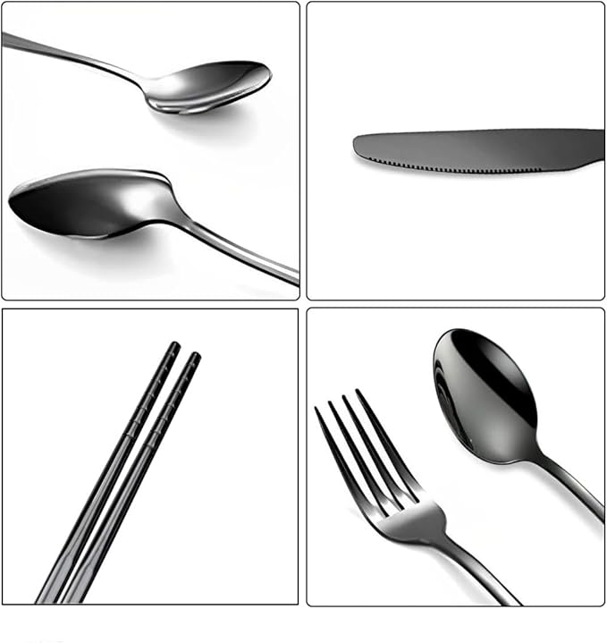Travel Utensils, 18/8 Stainless Steel 4pcs Cutlery Set Portable Camp Reusable Flatware Silverware, Include Fork Spoon Chopsticks with Case (black)