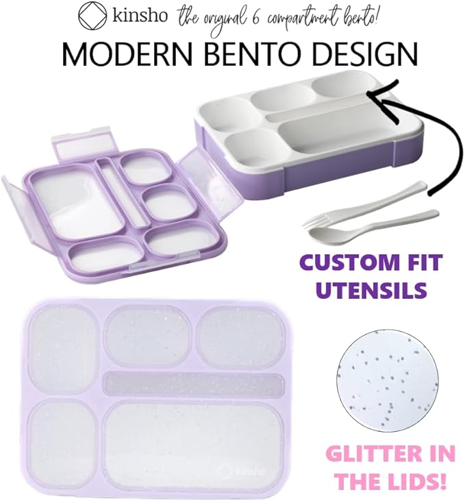 kinsho Glitter Lunch Box Bento-Boxes for Girls, Meal and Snack Containers for Toddler Daycare, School, Travel, 6 Divided Sections, Cute Bentobox, Leak-Resistant, Utensils, Purple Lilac Sparkle