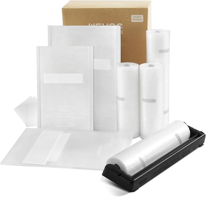 Family Pack Vacuum Sealer Rolls Bags, 6"x10" (50pcs), 8"x12" (70pcs), 8"x20' (2 rolls), 11"x20' (2 rolls), Compact Roll Dispenser, Leakproof Food Storage, Sous Vide, Meal Prep, Food Saver, Wevac Core