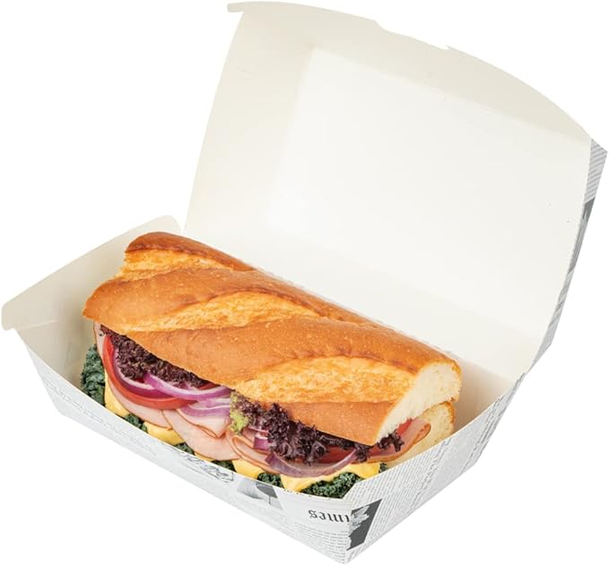Restaurantware Bio Tek 6.7 x 3.5 x 3.5 Inch Clamshell Food Containers 100 Disposable Sandwich Containers - Hinged Lid Tab-Lock Closure Newsprint Paper Hot Dog Containers Recyclable Greaseproof