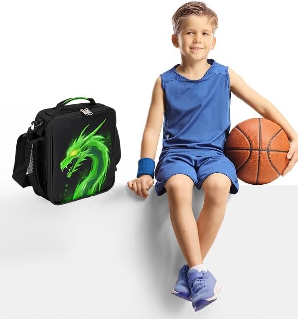 Kids Lunch Box for Boys Girls Green Dragon Animal Lunch Bag for Kids Insulated Lunch Bag Tote with Adjustable Shoulder Strap Teens Lunchbox Cooler School Picnic