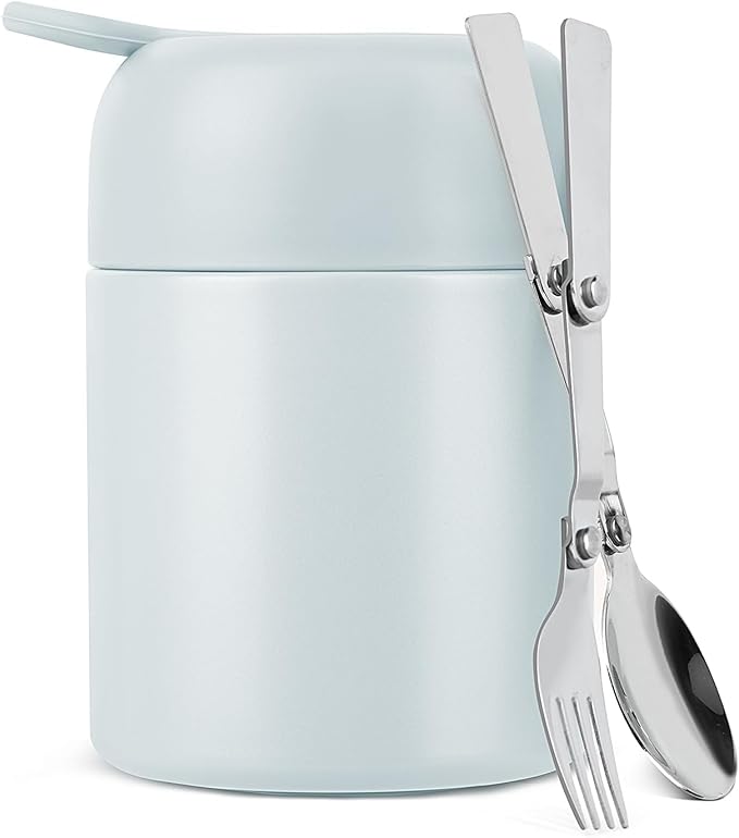 HOUSETEC Thermo For Hot Food - Insulated Food Container With Foldable Fork& Spoon, Leak Proof Food Thermo, Portable Wide Mouth Soup Thermo With Handle For Outdoors Indoors Office Picnic (Gray, 17OZ)