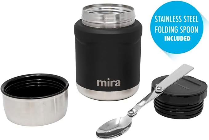 MIRA 2-Pack Food Thermos Set (15 oz) for hot and cold foods - Insulated Stainless Steel Containers with Spoons - Black & Rose Pink