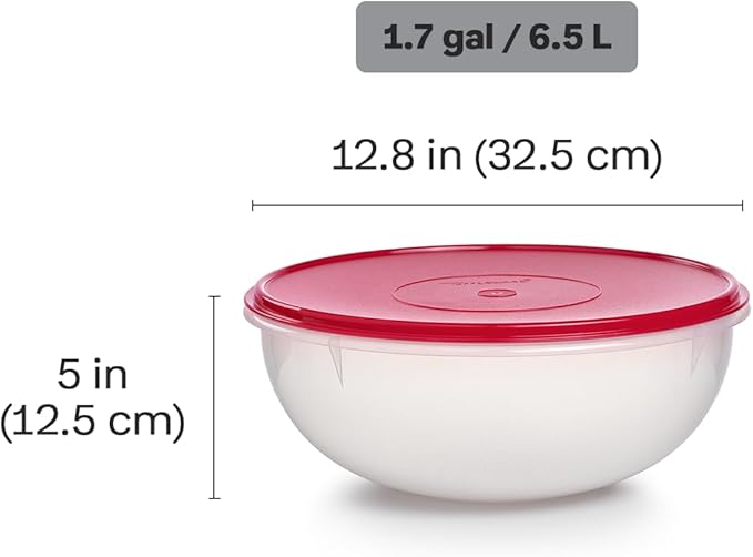 Tupperware Fix-N-Mix 1.7 Gallon Mixing Bowl, Clear with Lipstick Colored Airtight Lid, Dishwasher Safe and BPA Free (6.5 L)
