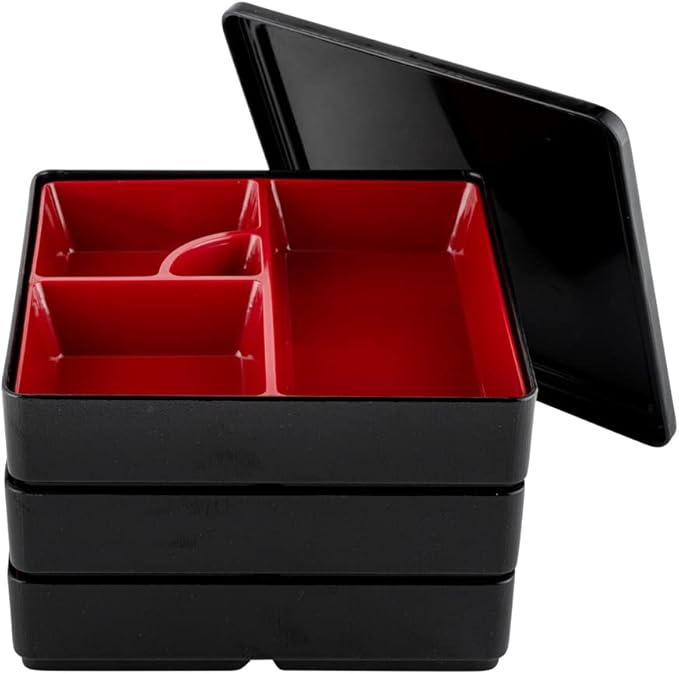 Restaurantware-8.3 x 5.9 Inch 5-Compartment Lunch Container, 1 Japanese Style Adult Lunch Container - 3 Stackable Layers, Black & Red Plastic Divided Lunch Box, Greaseproof, Hot & Cold Food