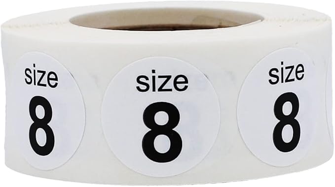 Shoe Size 8 White Stickers - 3/4 Inch Round, 500 Semi-Gloss Adhesive Labels Per Roll for Retail, Footwear Inventory, and Organization - Made in The USA