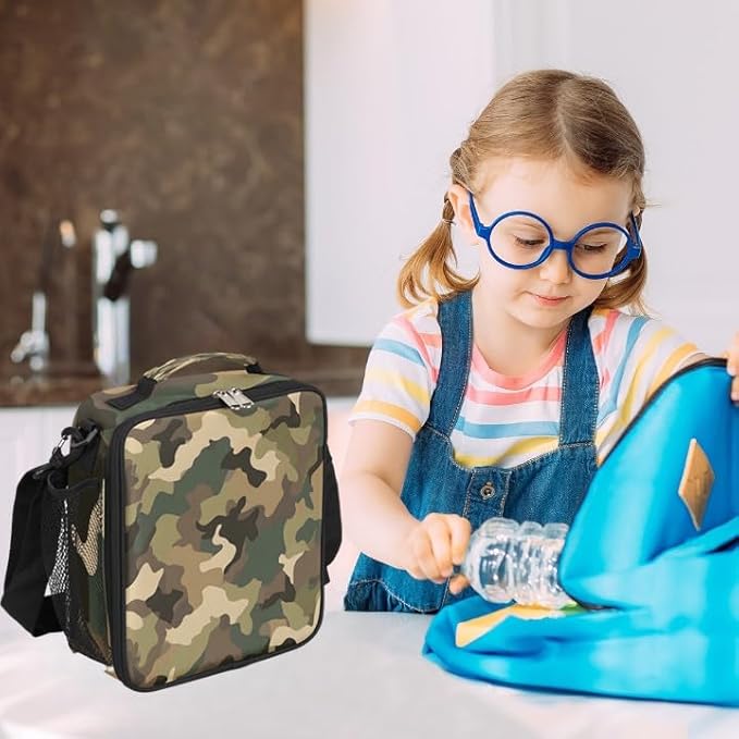 Kids Lunch Box for Boys Girls Camo Print Lunch Bag for Kids Insulated Lunch Bag Tote with Adjustable Shoulder Strap Teens Lunchbox Cooler School Picnic