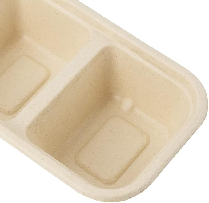 Restaurantware Pulp Tek 9.2 x 3.8 x 1.8 Inch Takeaway Food Boxes 100 Microwavable Take Out Containers - Lids Sold Separately Freezable Bagasse Catering Food Containers 3 Compartments 17 Ounces