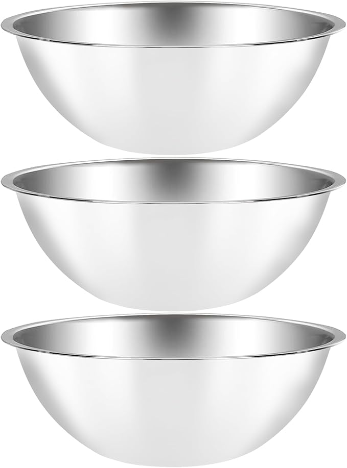 Suwimut 3 Pack Stainless Steel Mixing Bowls, 5 Quart Flat Base Stainless Steel Serving Bowls, 13 Inch Mirror Polish Large Metal Bowl Set for Kitchen Cooking, Baking, Prepping
