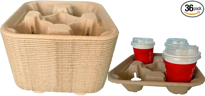 Disposable 4 Cup Drink Carrier Trays, Biodegradable Pulp Fiber Coffee Carry Tray, Compostable No Spill Drink Cup Holder for Hot Cold Beverages, Car, Food Delivery, Restaurants and Cafes Shop (36 Pack)