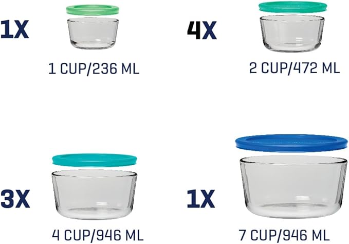 Anchor Hocking 18 Piece Glass Storage Containers with Lids (9 Glass Food Storage Containers & 9 Mixed Blue SnugFit Lids)