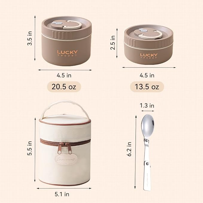 VANDHOME Thermal Bento Lunch Box Set, Portable Insulated Lunch Container For Adults Kids School Work, Stainless Steel Keep Warm Food Container With Bag, Induction Cooker & Microwave Safe (Khaki 34oz)