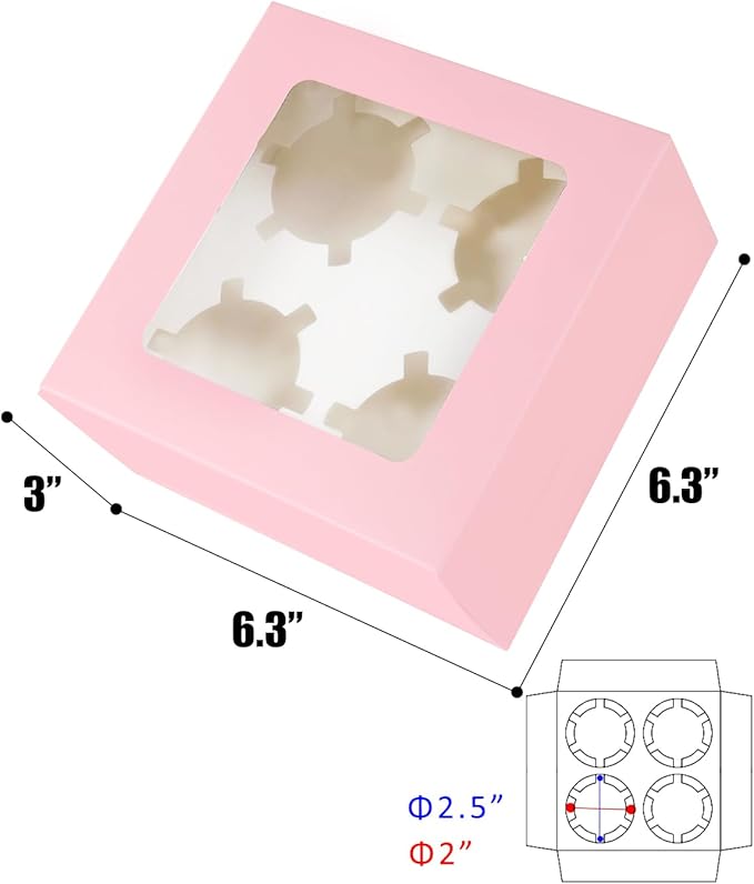 qiqee Auto-pop Up 4 Cupcake Boxes with Window Pink 30 Packs Cupcake Box 6.3"x6.3"x3" Bakery Boxes For Cupcakes Carrier, Cupcake Containers