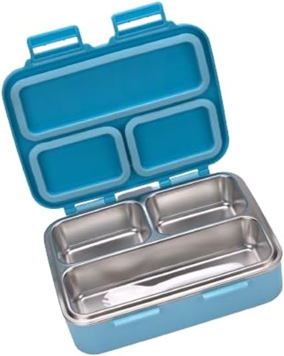 kinsho Stainless Steel Bento Box Lunch Container for Kids Adults with Removable Tray, Leakproof Silicone Seals, BPA Free 26 oz/790 mL (Blue)