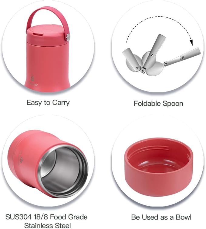 Ideus 20 oz Insulated Soup Thermo with Foldable Spolk and Bowl, All-in-one Stainless Steel Vacuum Thermal Food Jar for Lunch, Leakproof Bento Lunchbox Portable Soup Container, Red