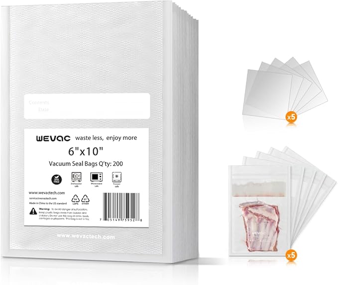 6" x 10" Precut Vacuum Sealer Bags, 200 Count, Includes 5 Liquid Block Bags & 5 Bone Guard Pieces, Heavy Duty for Food Storage, Sous Vide & Meal Prep, Wevac