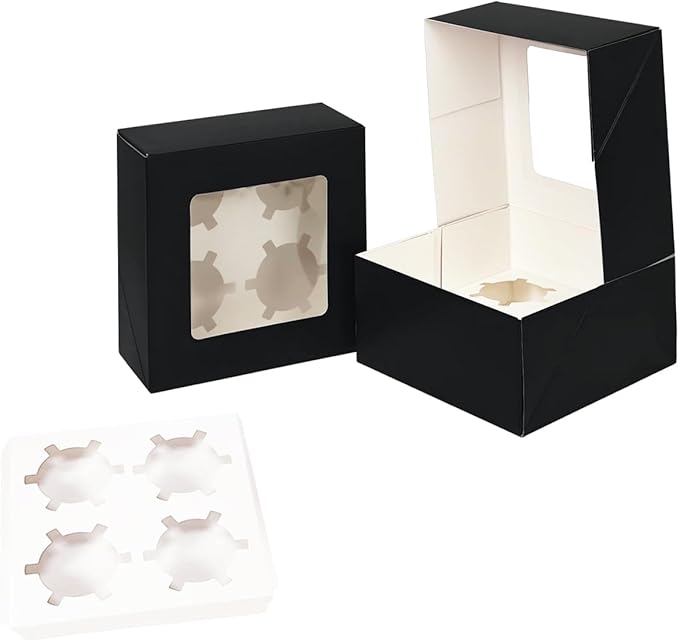 qiqee Auto-pop Up 4 Cupcake Boxes with Window Black 30 Packs Cupcake Box 6.3"x6.3"x3" Bakery Boxes For Cupcakes Carrier, Cupcake Containers