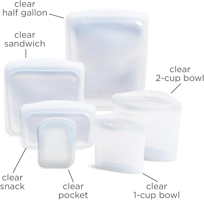 Stasher Premium Silicone Reusable Food Storage Bags, 6-Pack, Clear, Multi-Use Food Storage Bags, Lunch Bag, Travel Containers, BPA Free, Leak-free, Dishwasher-Safe, Eco-friendly