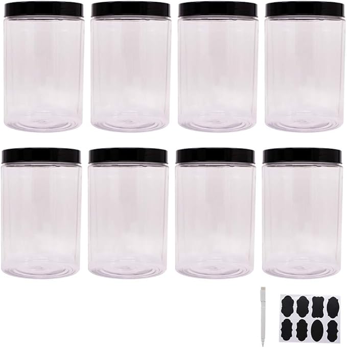 8 Pack 25 oz Plastic Jars With Lids, Extra Labels, 1 Pen, Clear PET Seal Jar for Food Storage,Wide Opening Storage jar For Dry Food, Peanut, Powder, Kitchen & Craft Storage