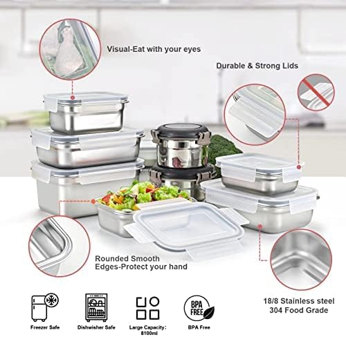 12PC 304 Stainless Steel Food Storage Containers with Lids Leakproof, Meal Prep Container Airtight, Lunch Boxes, Kimchi Containers for food storage Nestable | Oven/Dishwsher/Freezer Safe