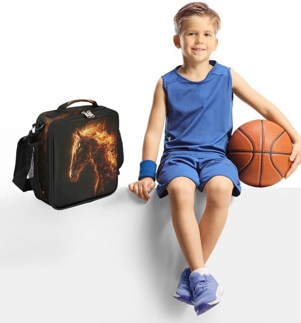Lunch Box for Kids Boys Girls Fire Horses Kids Lunch Bag Insulated Lunch Bag Tote with Adjustable Shoulder Strap Teens Lunchbox Cooler School Picnic