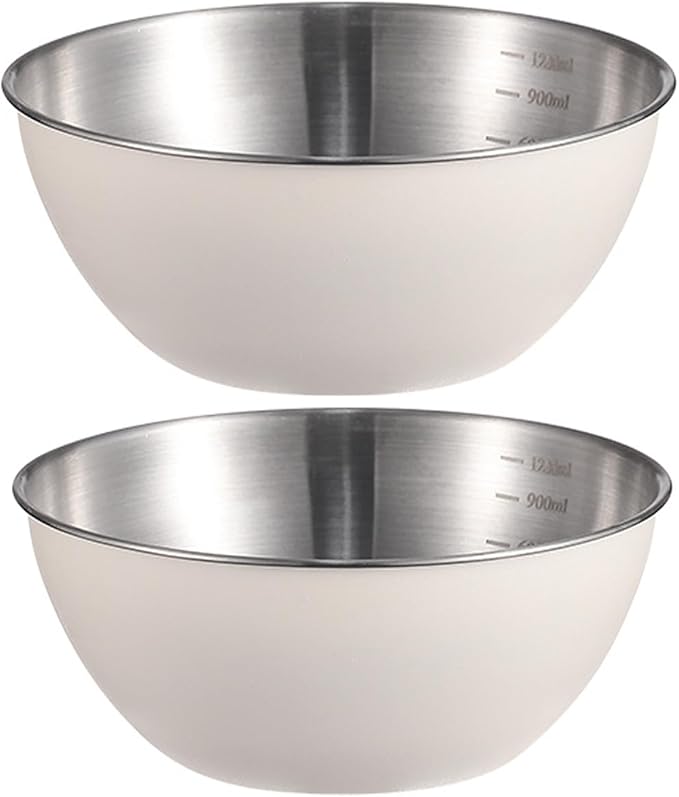 Stainless Steel Salad Bowls Set of 2 Mixing Bowl with Measurement Markings Snacks Bowls, 3.17 Quart White Serving Bowls for Mixing, Cooking, Baking, Prepping and Home Kitchen Food Storage Bowls